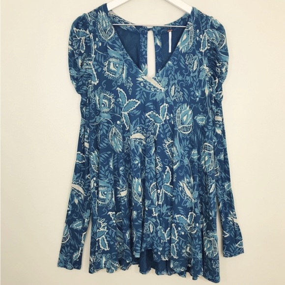 Free People Ruched Puff Sleeve Turquoise Floral Print Tunic Blouse Top Dress - Picture 9 of 12